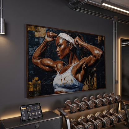 Strong Woman Bodybuilder Portrait Canvas in dark walnut floating frame