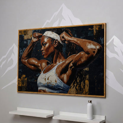 Strong Woman Bodybuilder Portrait Canvas in white oak floating frame