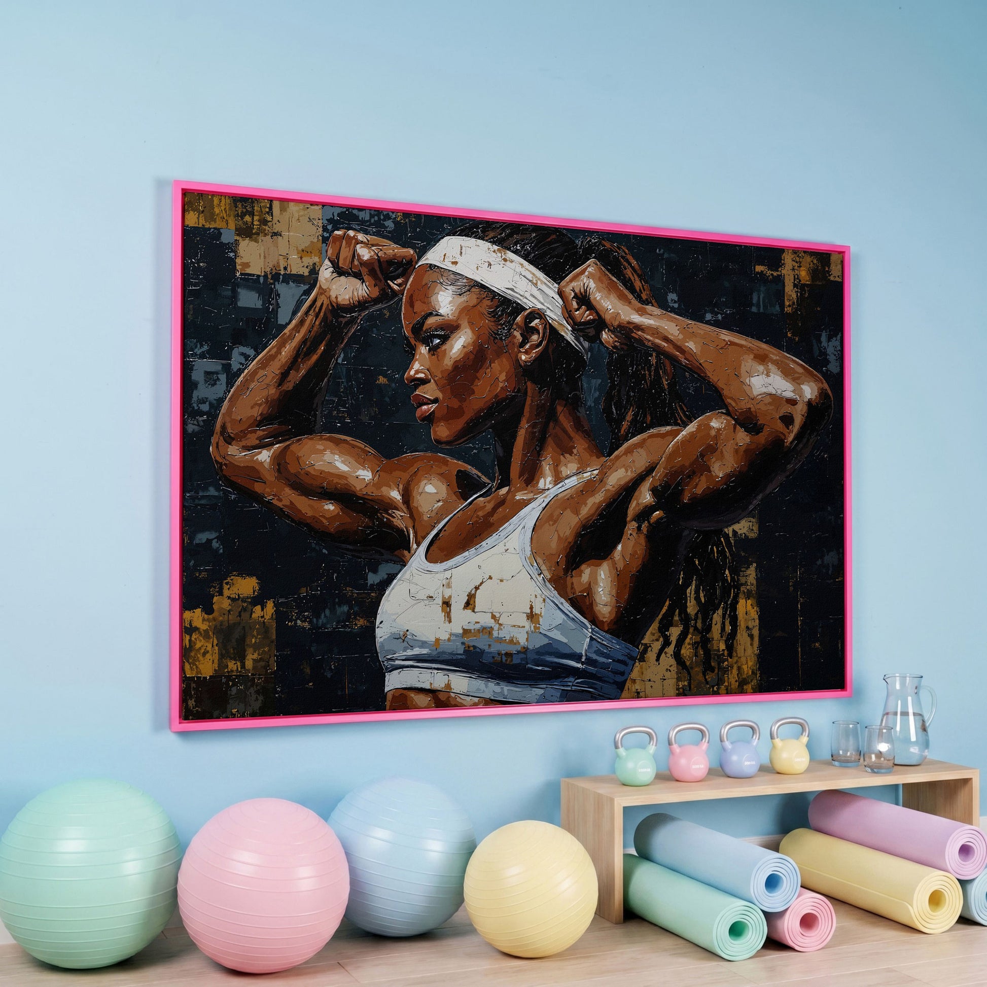 Strong Woman Bodybuilder Portrait Canvas in pink floating frame