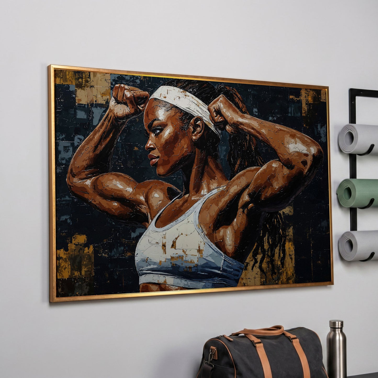 Strong Woman Bodybuilder Portrait Canvas in rose gold floating frame