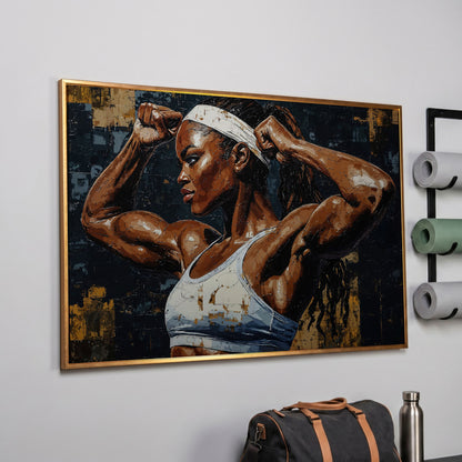 Strong Woman Bodybuilder Portrait Canvas in rose gold floating frame