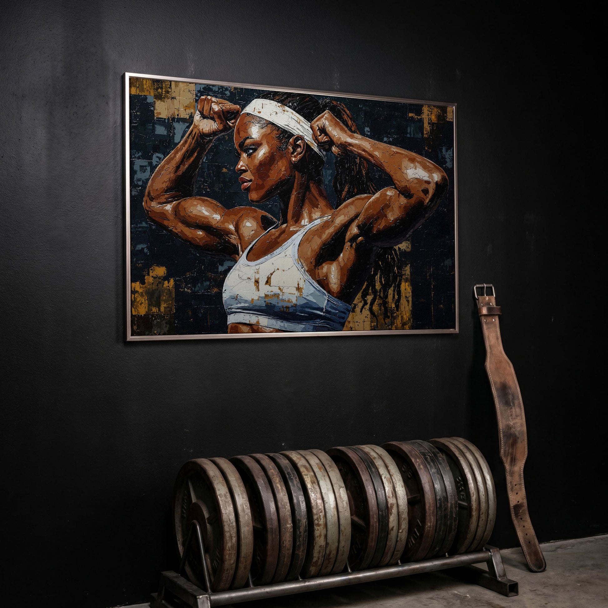Strong Woman Bodybuilder Portrait Canvas in silver floating frame