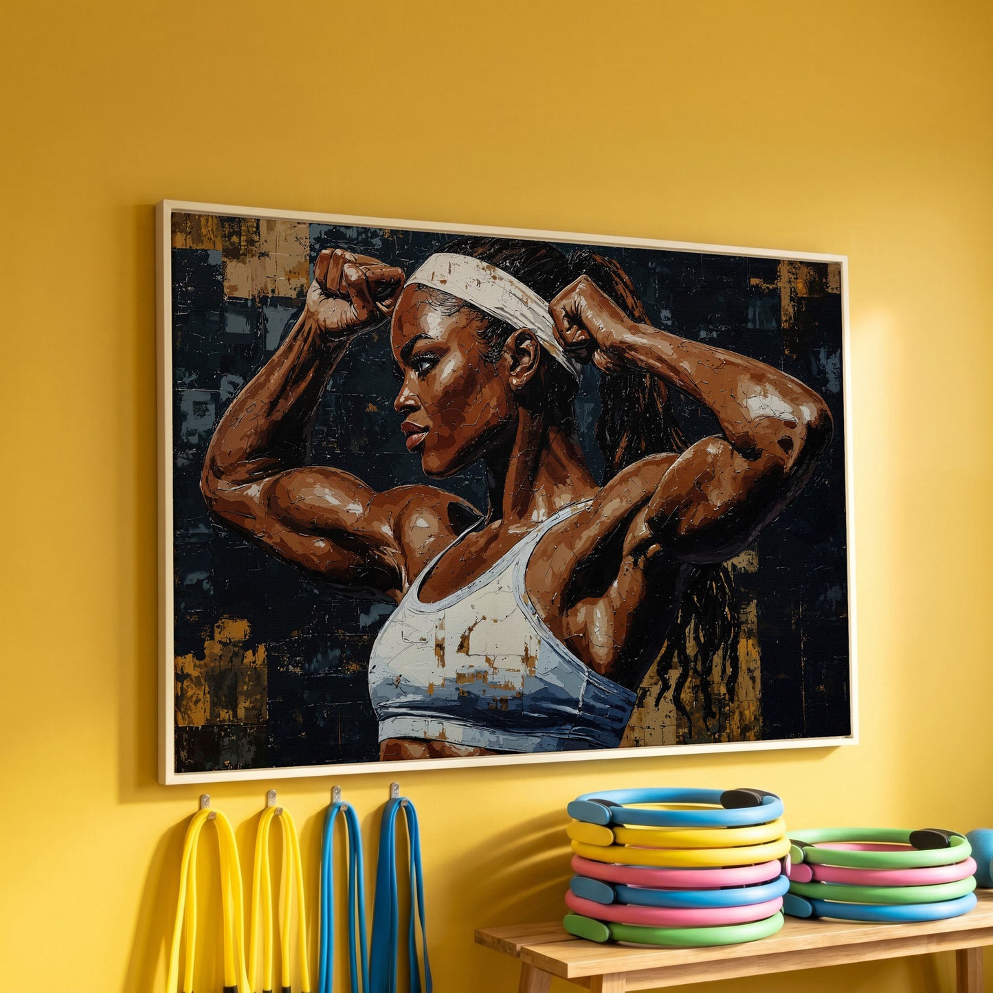 Strong Woman Bodybuilder Portrait Canvas in white floating frame