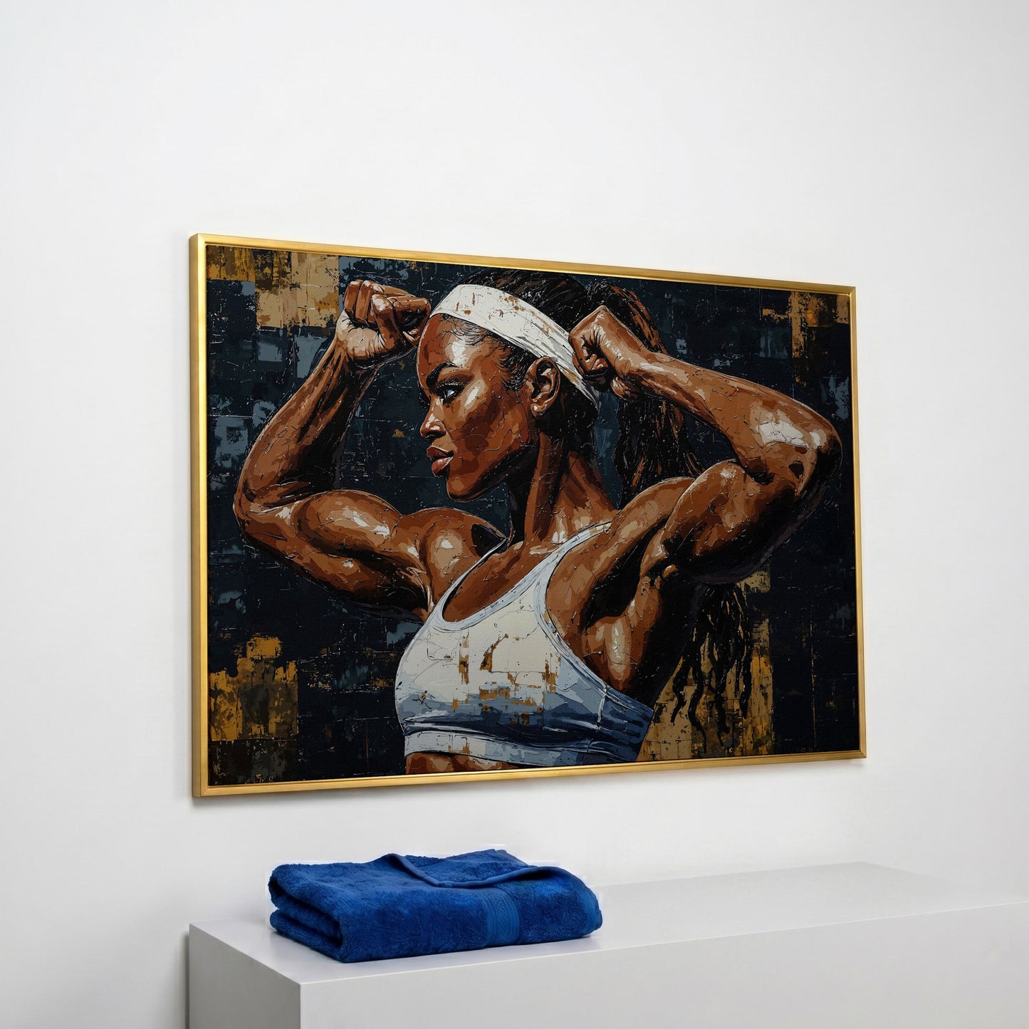 Strong Woman Bodybuilder Portrait Canvas in yellow gold floating frame