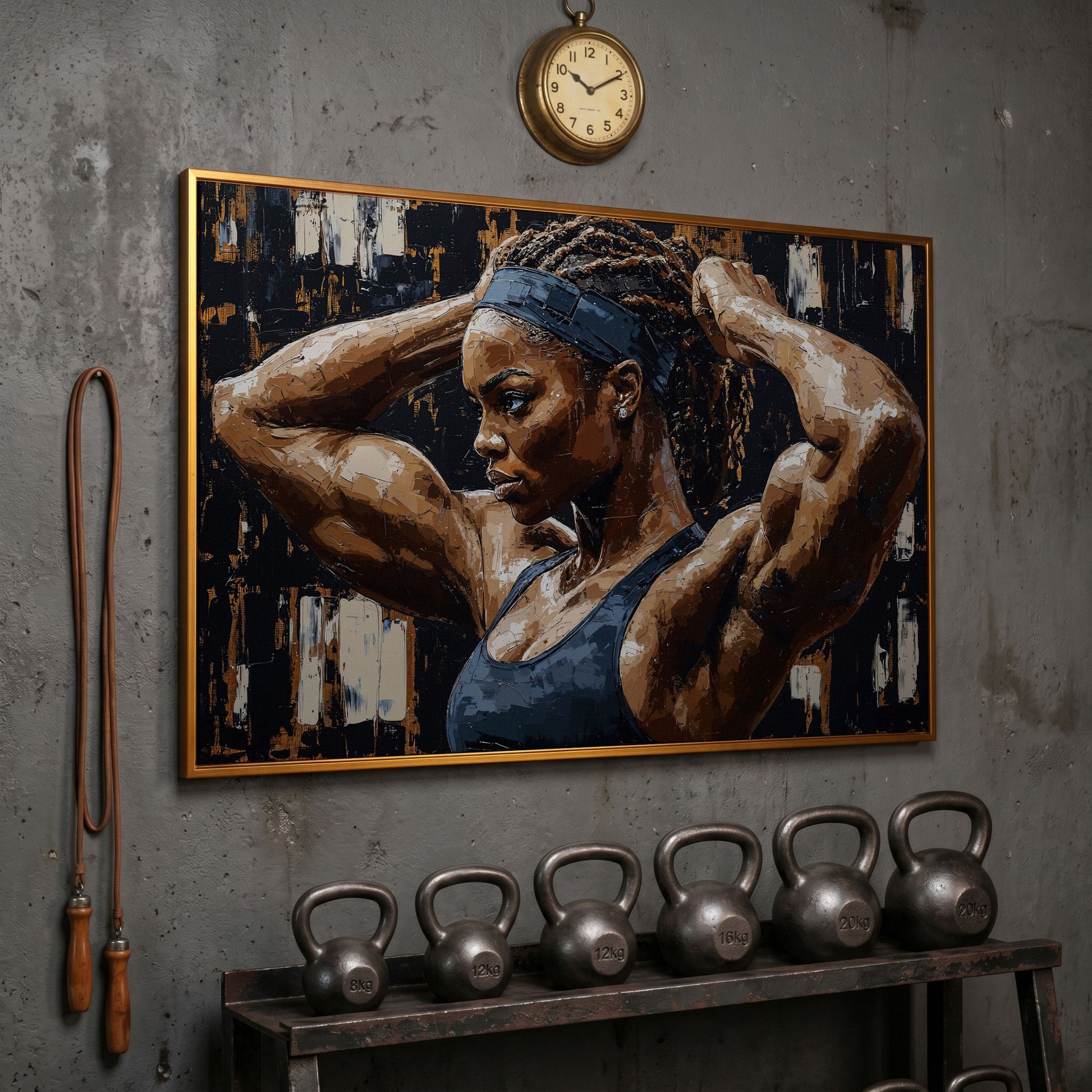 Strong Black Woman Fitness Canvas Print in antique gold floating frame