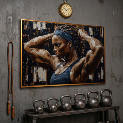 Strong Black Woman Fitness Canvas Print in antique gold floating frame