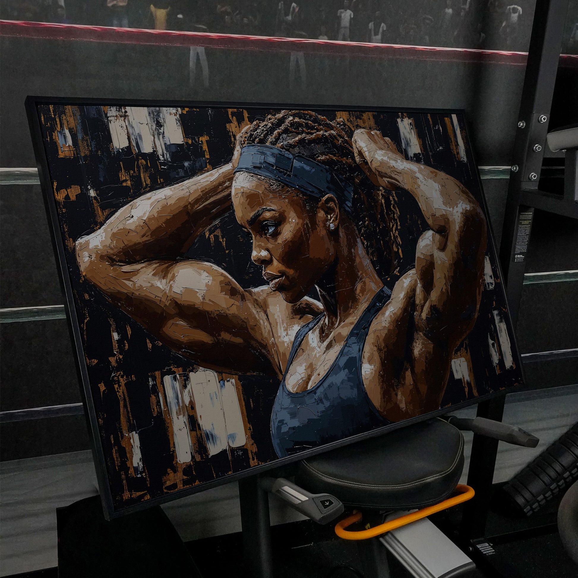 Strong Black Woman Fitness Canvas Print in black floating frame