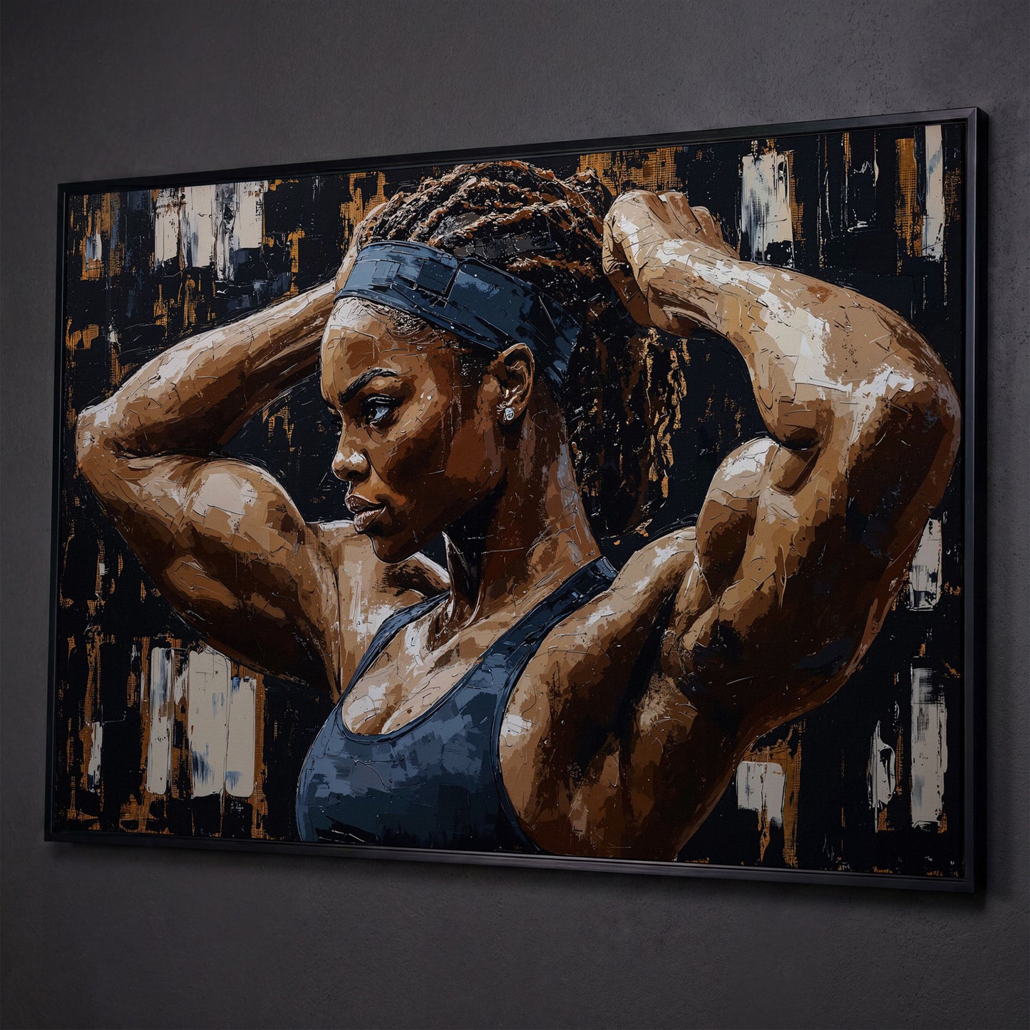 Strong Black Woman Fitness Canvas Print shown in black floating frame