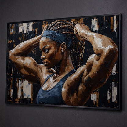 Strong Black Woman Fitness Canvas Print shown in black floating frame