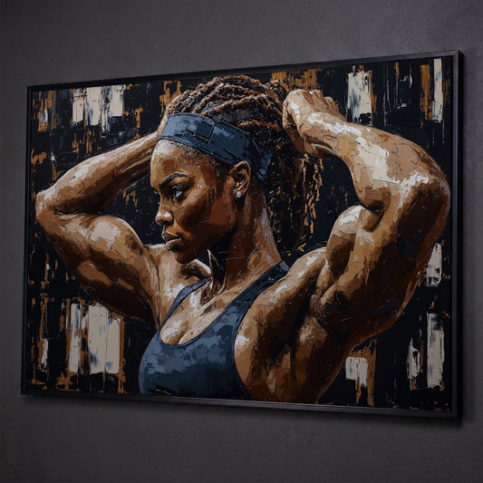 Strong Black Woman Fitness Canvas Print shown in black floating frame