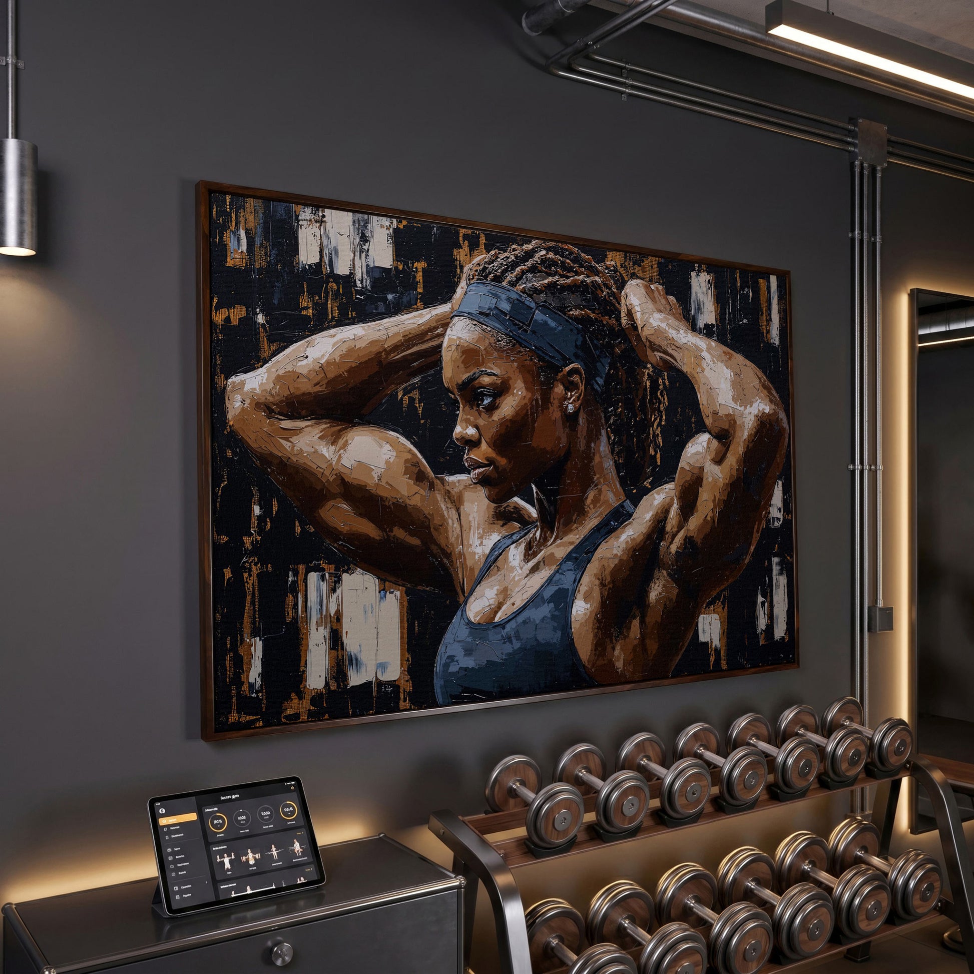 Strong Black Woman Fitness Canvas Print in dark walnut floating frame