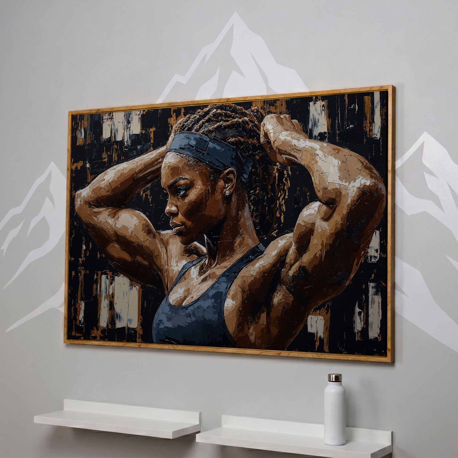 Strong Black Woman Fitness Canvas Print in white oak floating frame