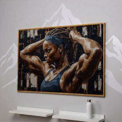 Strong Black Woman Fitness Canvas Print in white oak floating frame