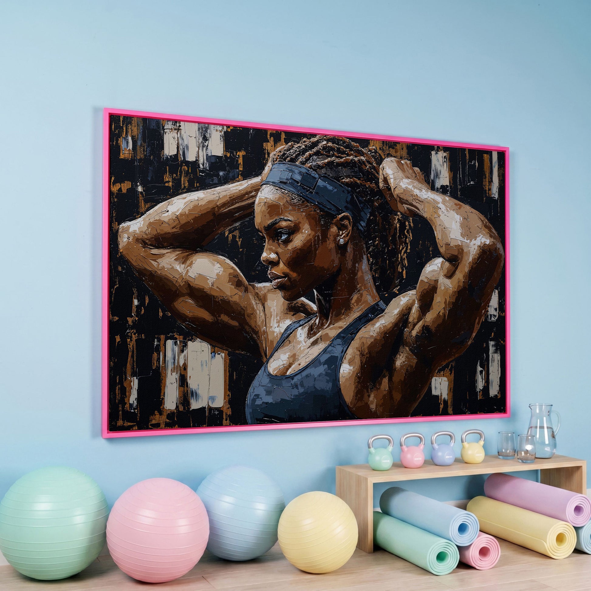 Strong Black Woman Fitness Canvas Print in pink floating frame