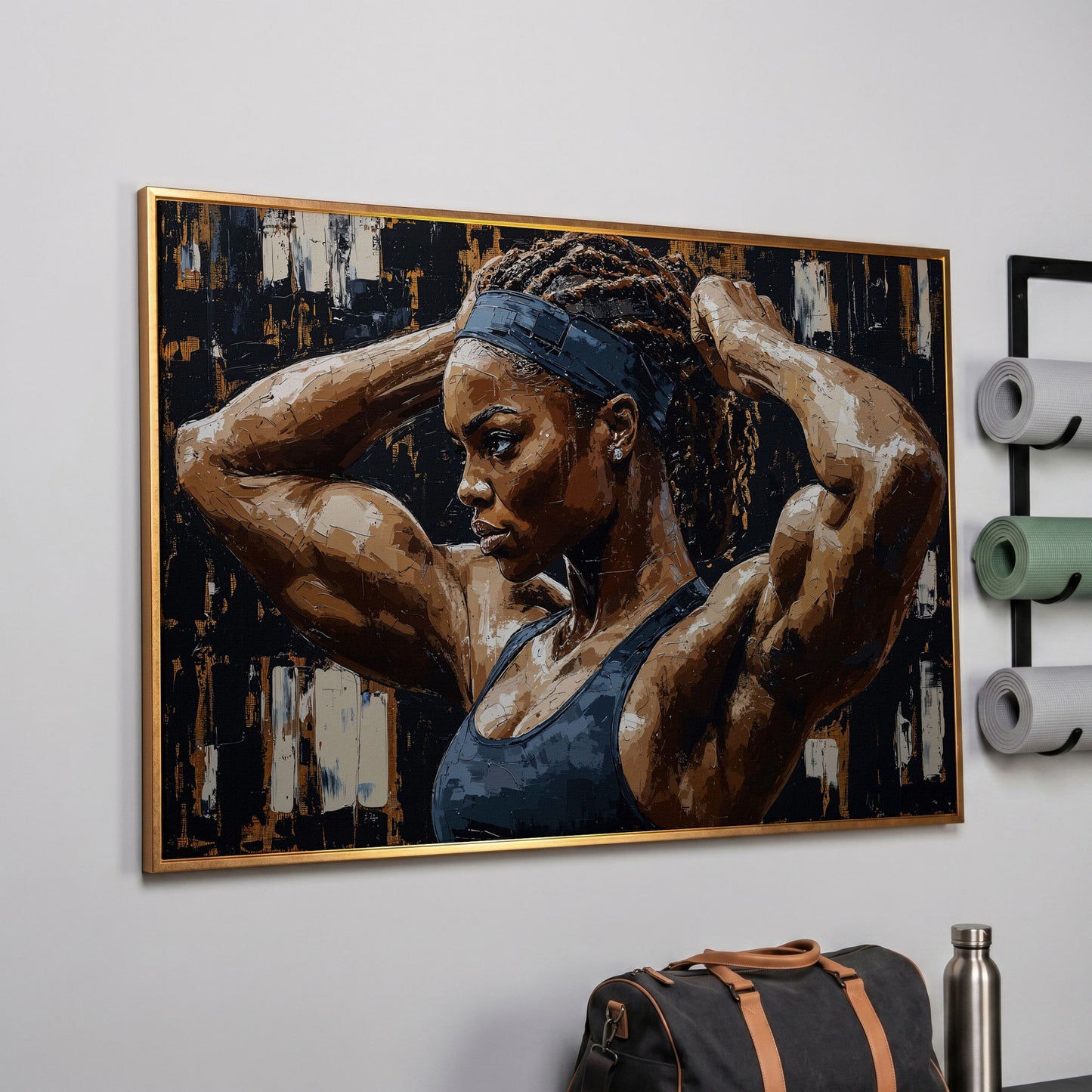 Strong Black Woman Fitness Canvas Print in rose gold floating frame