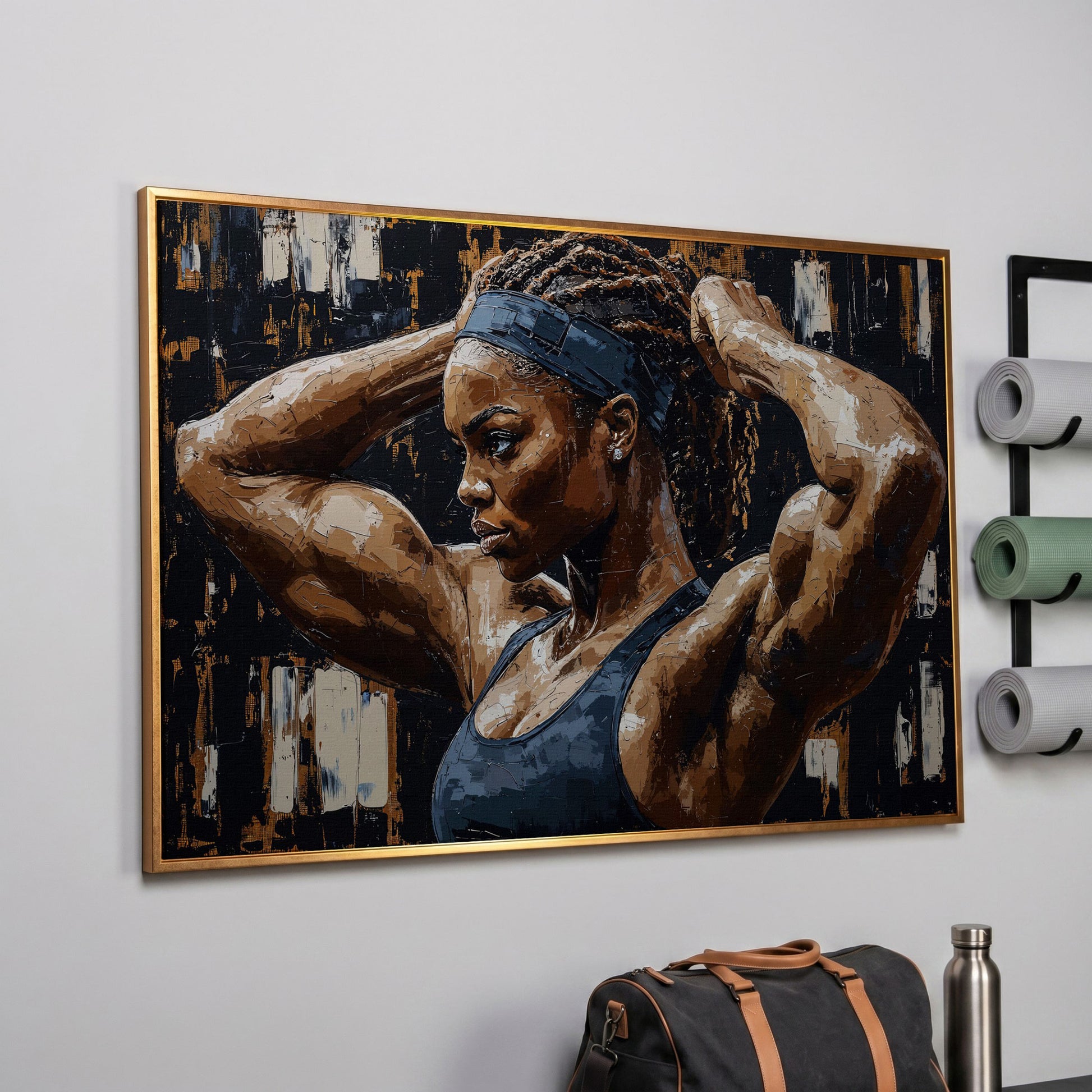 Strong Black Woman Fitness Canvas Print in rose gold floating frame