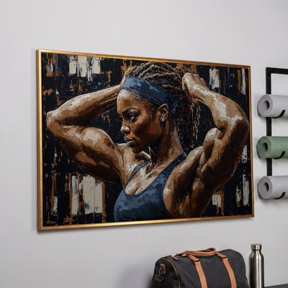 Strong Black Woman Fitness Canvas Print in rose gold floating frame
