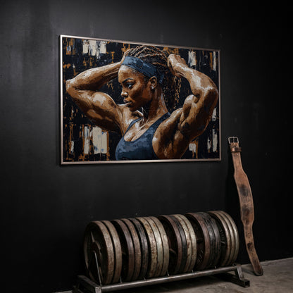 Strong Black Woman Fitness Canvas Print in silver floating frame