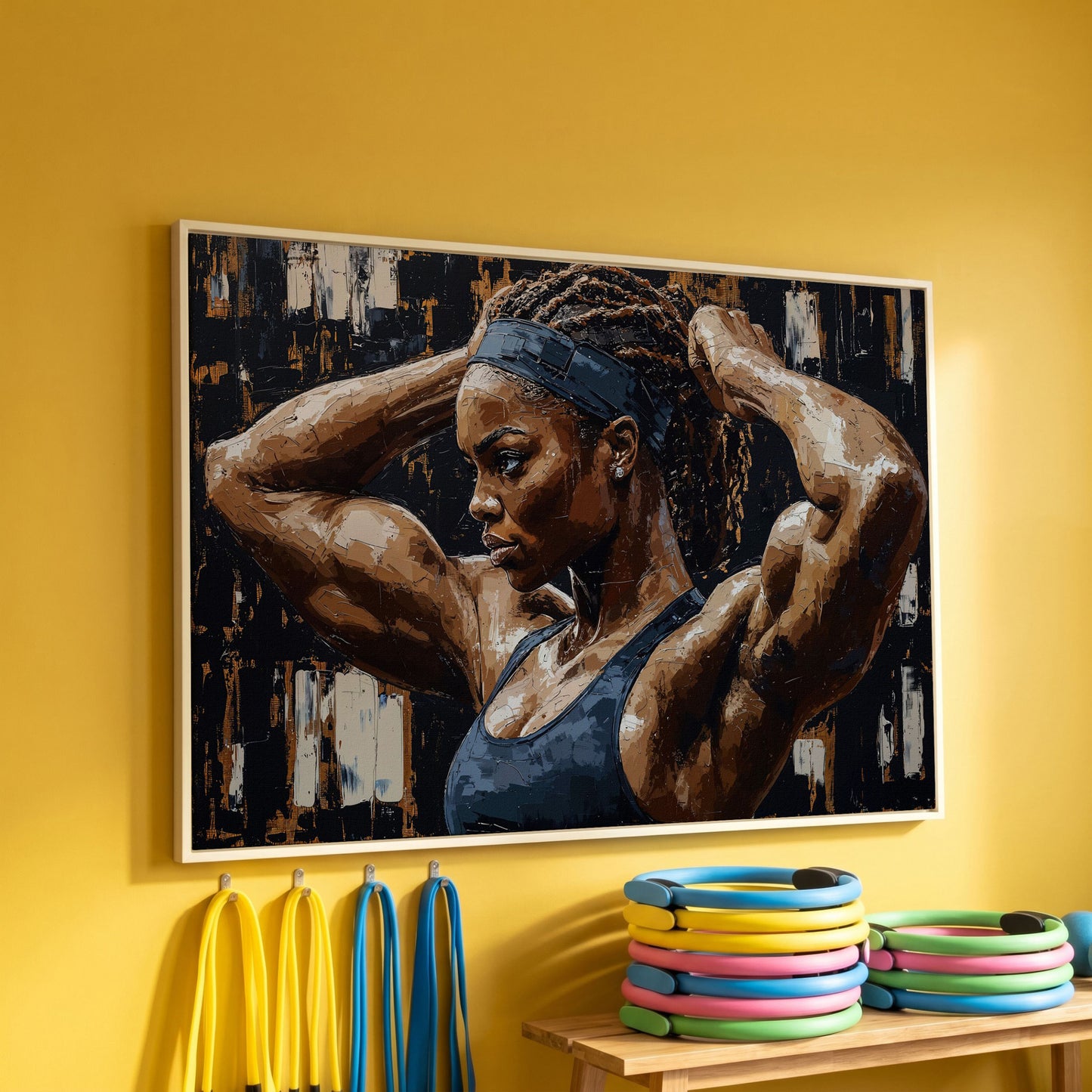 Strong Black Woman Fitness Canvas Print in white floating frame