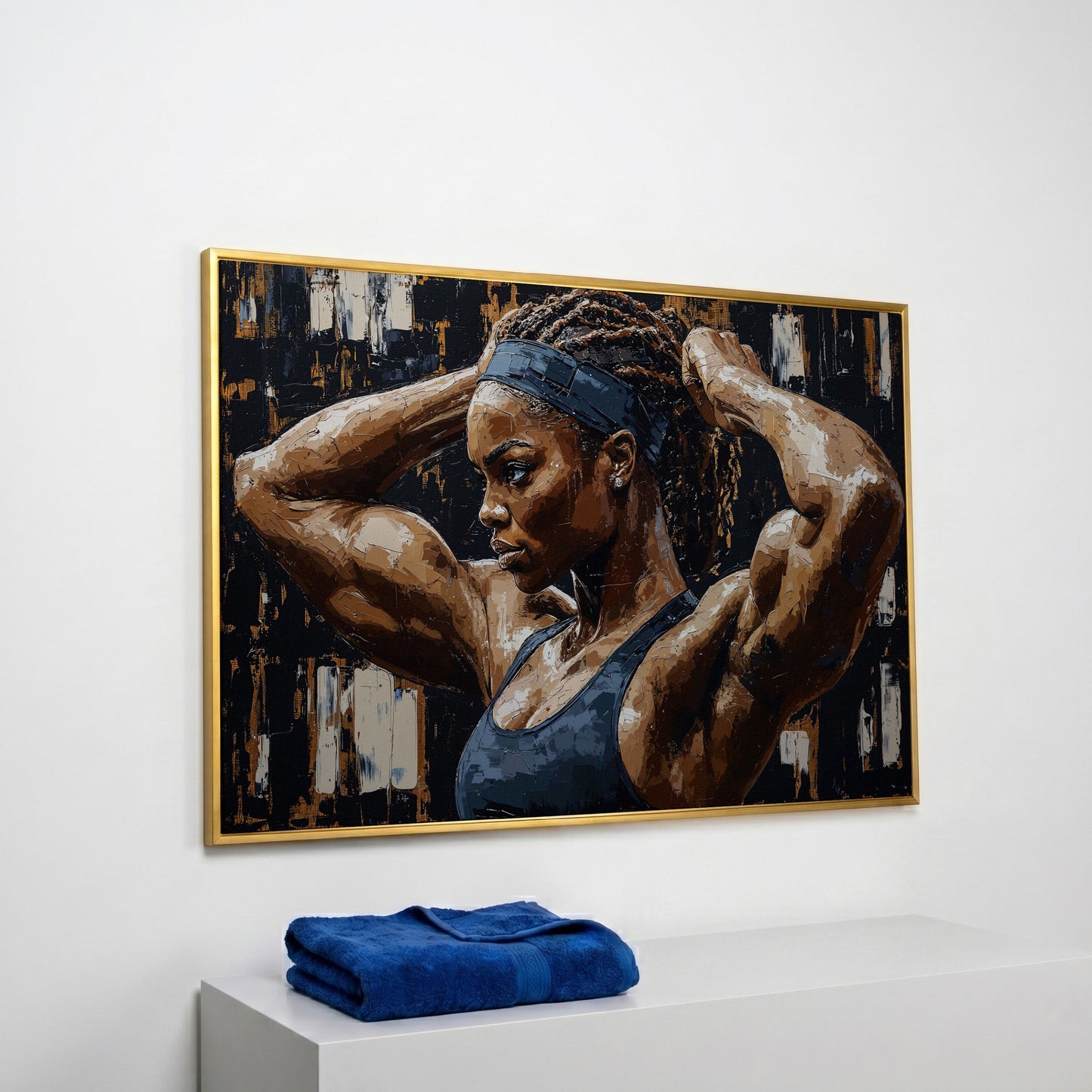 Strong Black Woman Fitness Canvas Print in yellow gold floating frame