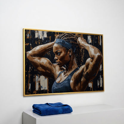Strong Black Woman Fitness Canvas Print in yellow gold floating frame