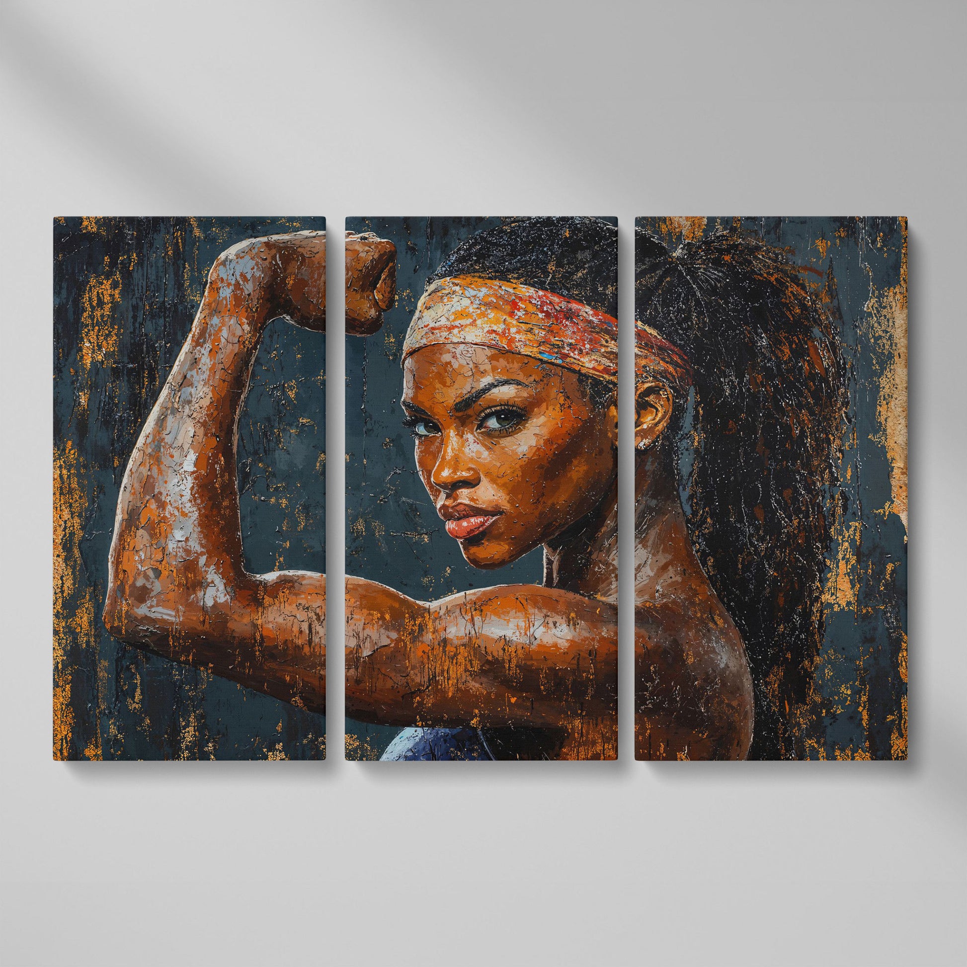 Woman Flexing Portrait Canvas. Burnt Sienna & Charcoal as 3-panel split version