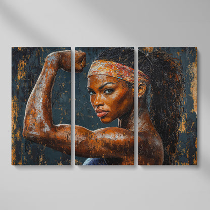 Woman Flexing Portrait Canvas. Burnt Sienna & Charcoal as 3-panel split version