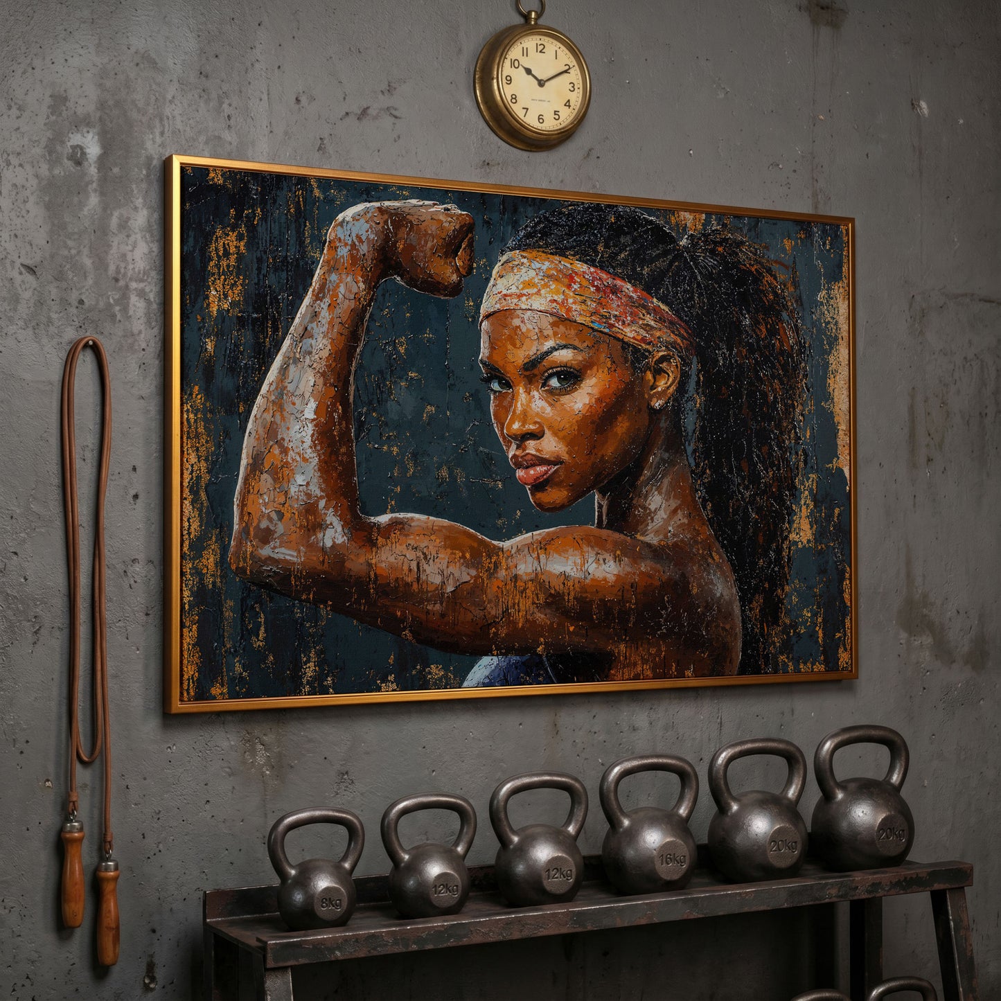 Woman Flexing Portrait Canvas. Burnt Sienna & Charcoal in antique gold floating frame