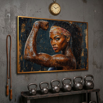 Woman Flexing Portrait Canvas. Burnt Sienna & Charcoal in antique gold floating frame