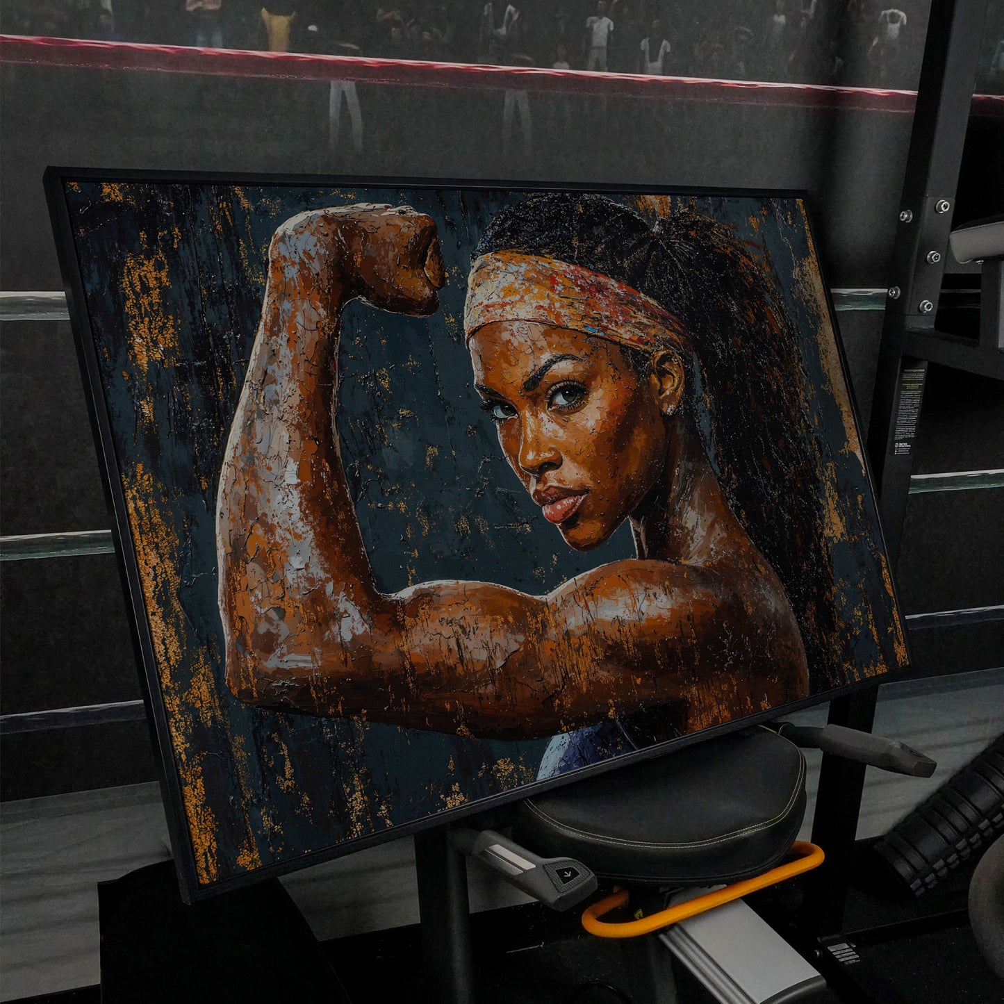 Woman Flexing Portrait Canvas. Burnt Sienna & Charcoal in black floating frame