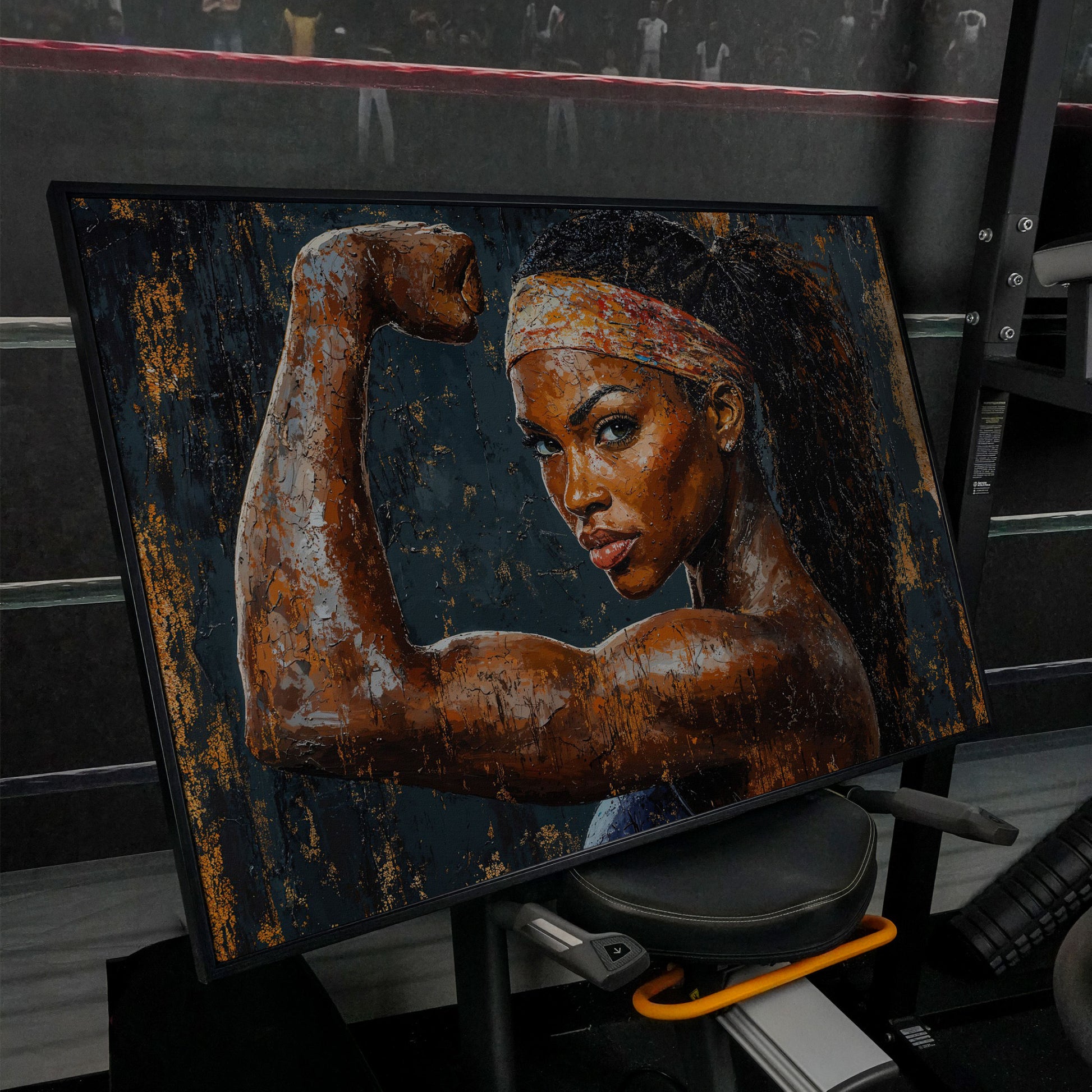 Woman Flexing Portrait Canvas. Burnt Sienna & Charcoal in black floating frame