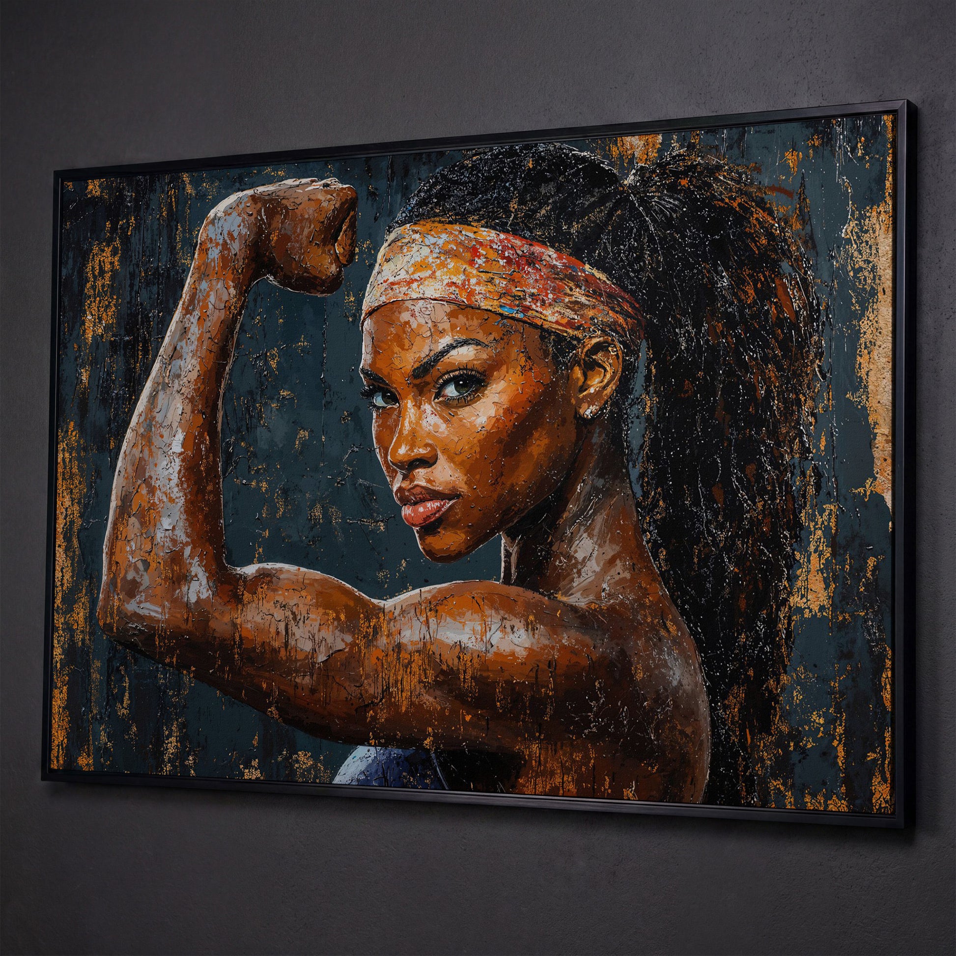 Woman Flexing Portrait Canvas. Burnt Sienna & Charcoal shown in black floating frame