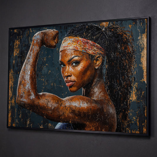 Woman Flexing Portrait Canvas. Burnt Sienna & Charcoal shown in black floating frame