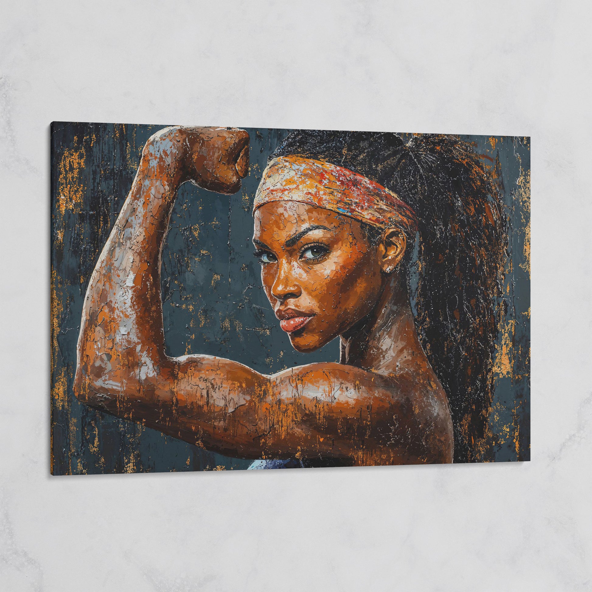 Woman Flexing Portrait Canvas. Burnt Sienna & Charcoal on gallery wrap