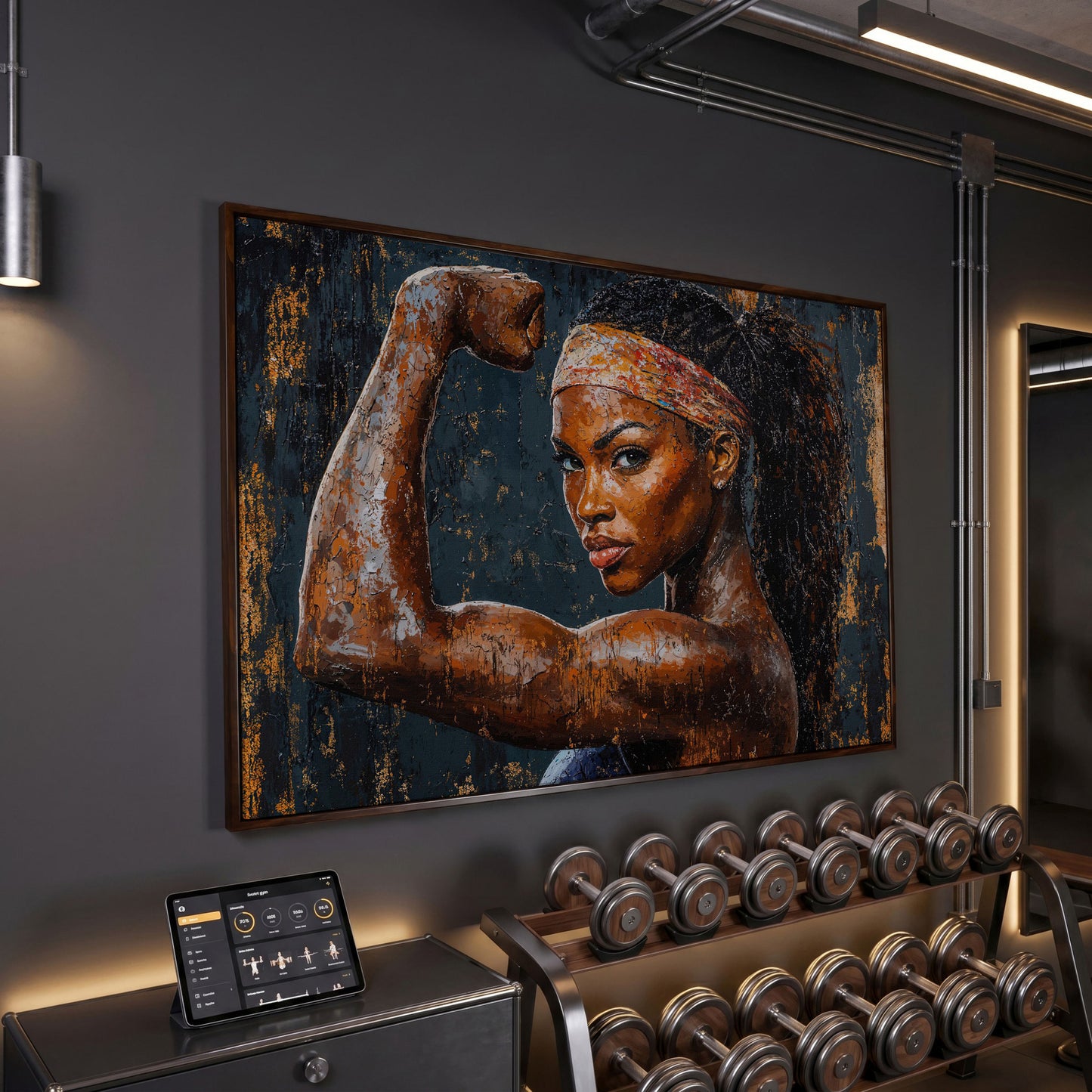 Woman Flexing Portrait Canvas. Burnt Sienna & Charcoal in dark walnut floating frame
