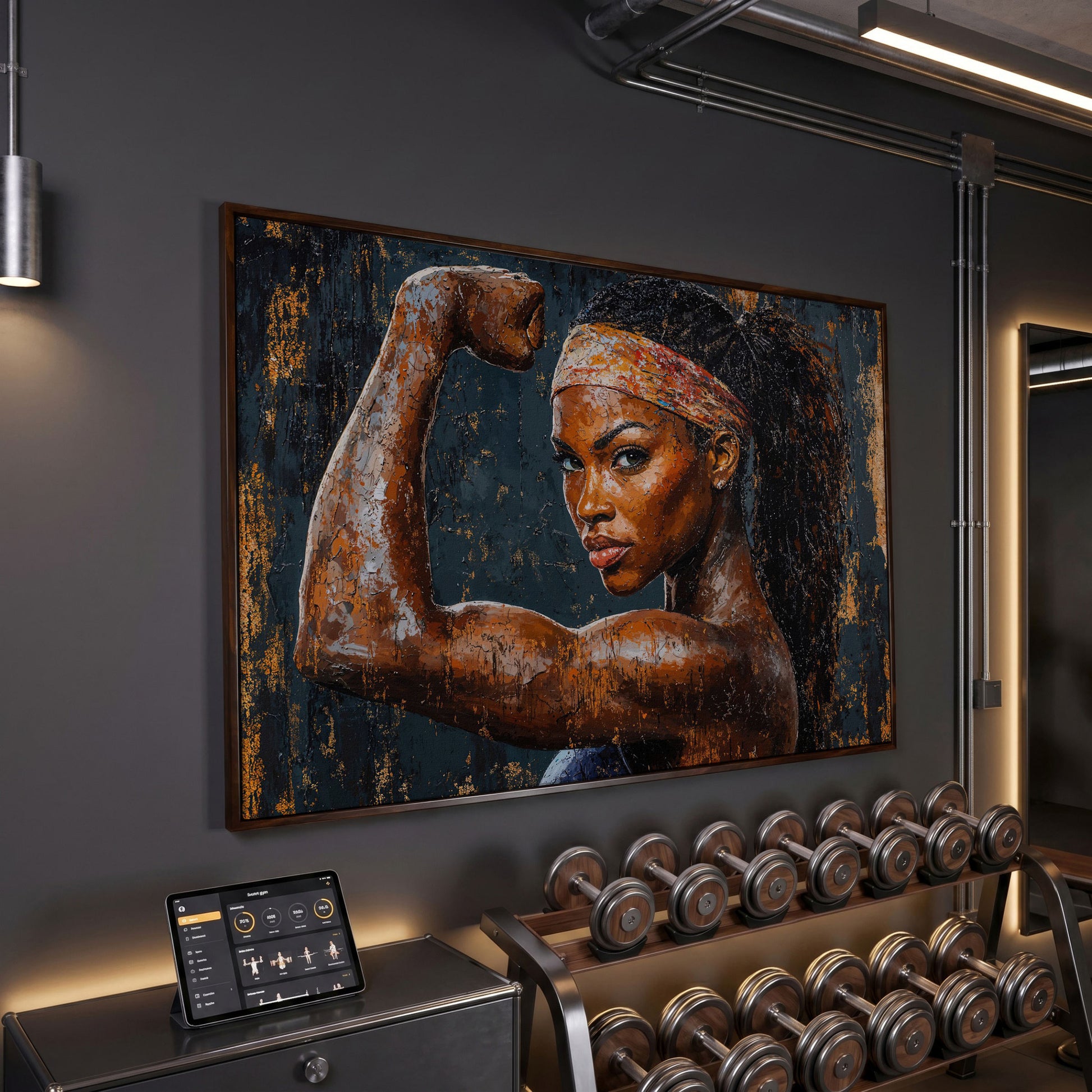 Woman Flexing Portrait Canvas. Burnt Sienna & Charcoal in dark walnut floating frame