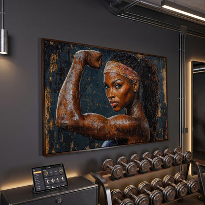 Woman Flexing Portrait Canvas. Burnt Sienna & Charcoal in dark walnut floating frame