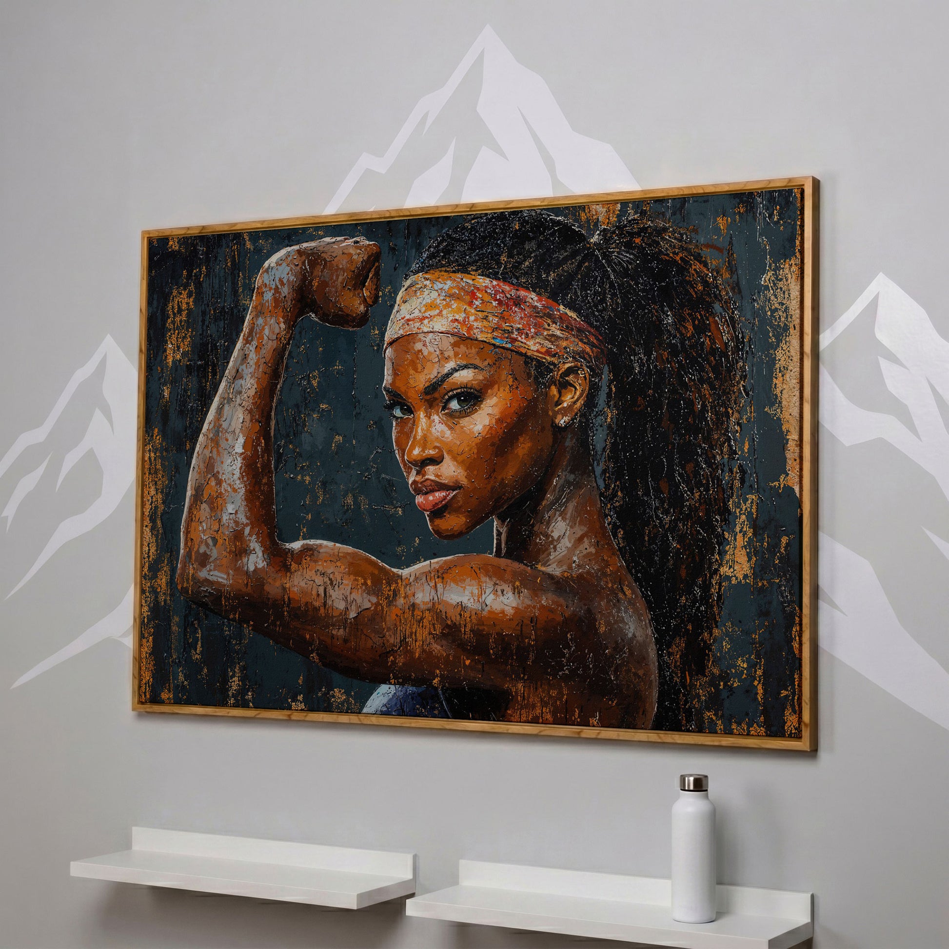 Woman Flexing Portrait Canvas. Burnt Sienna & Charcoal in white oak floating frame