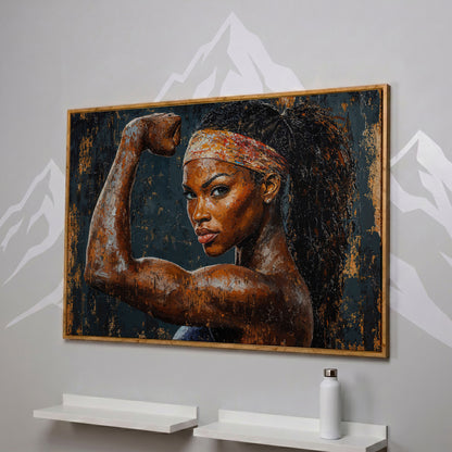 Woman Flexing Portrait Canvas. Burnt Sienna & Charcoal in white oak floating frame