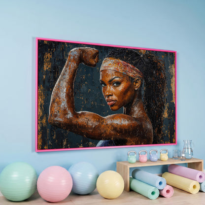 Woman Flexing Portrait Canvas. Burnt Sienna & Charcoal in pink floating frame