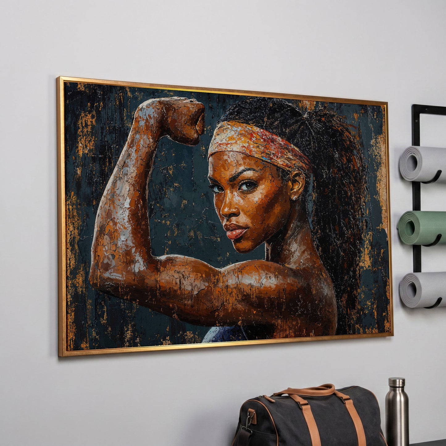 Woman Flexing Portrait Canvas. Burnt Sienna & Charcoal in rose gold floating frame