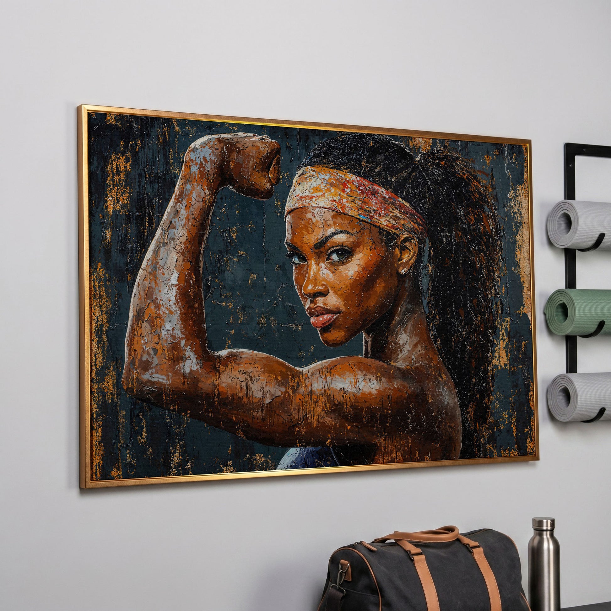 Woman Flexing Portrait Canvas. Burnt Sienna & Charcoal in rose gold floating frame