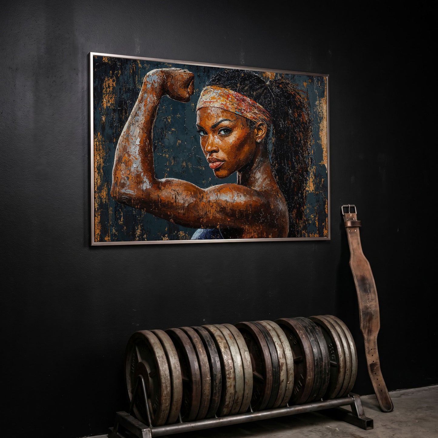 Woman Flexing Portrait Canvas. Burnt Sienna & Charcoal in silver floating frame