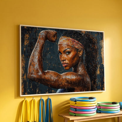 Woman Flexing Portrait Canvas. Burnt Sienna & Charcoal in white floating frame