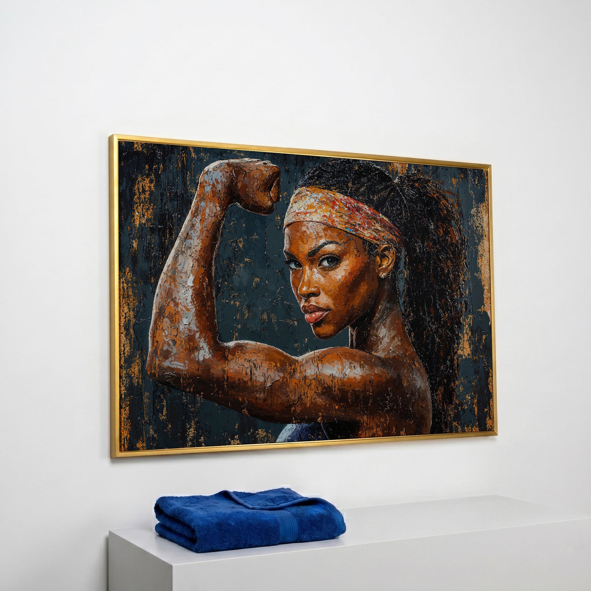 Woman Flexing Portrait Canvas. Burnt Sienna & Charcoal in yellow gold floating frame