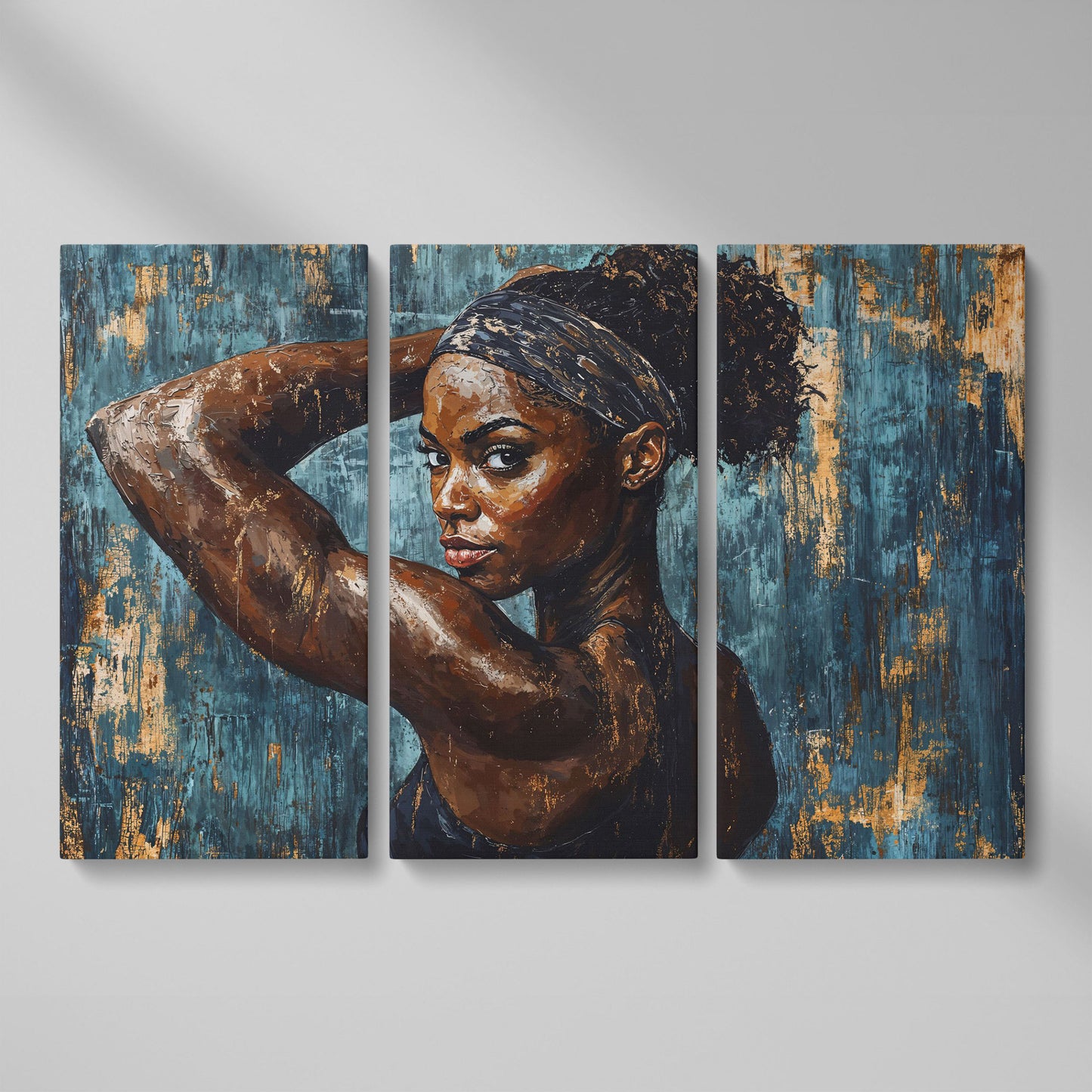 Athletic Black Girl Portrait Canvas in Teal and Burnt Umber as 3-panel split version