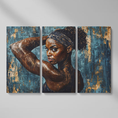 Athletic Black Girl Portrait Canvas in Teal and Burnt Umber as 3-panel split version