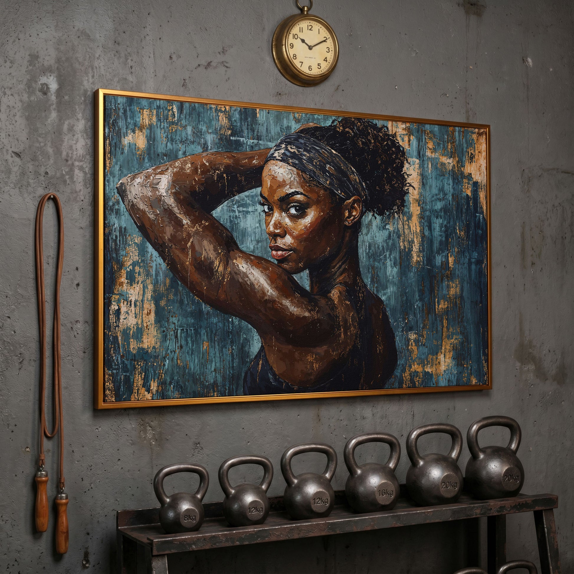 Athletic Black Girl Portrait Canvas in Teal and Burnt Umber in antique gold floating frame