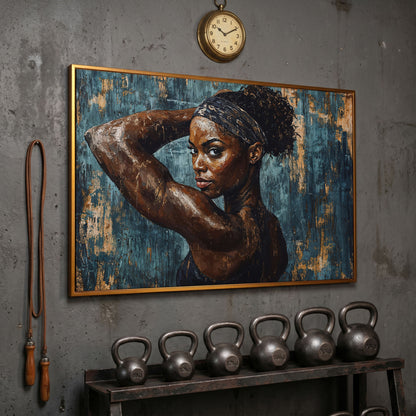 Athletic Black Girl Portrait Canvas in Teal and Burnt Umber in antique gold floating frame