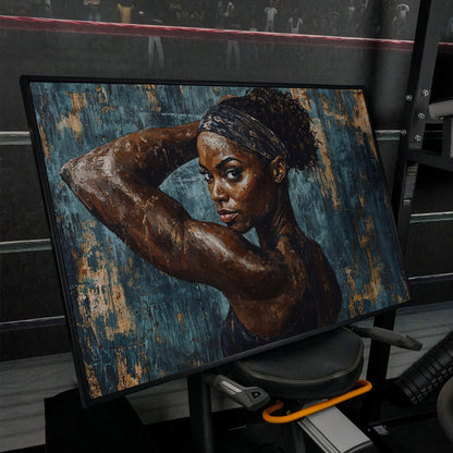 Athletic Black Girl Portrait Canvas in Teal and Burnt Umber in black floating frame